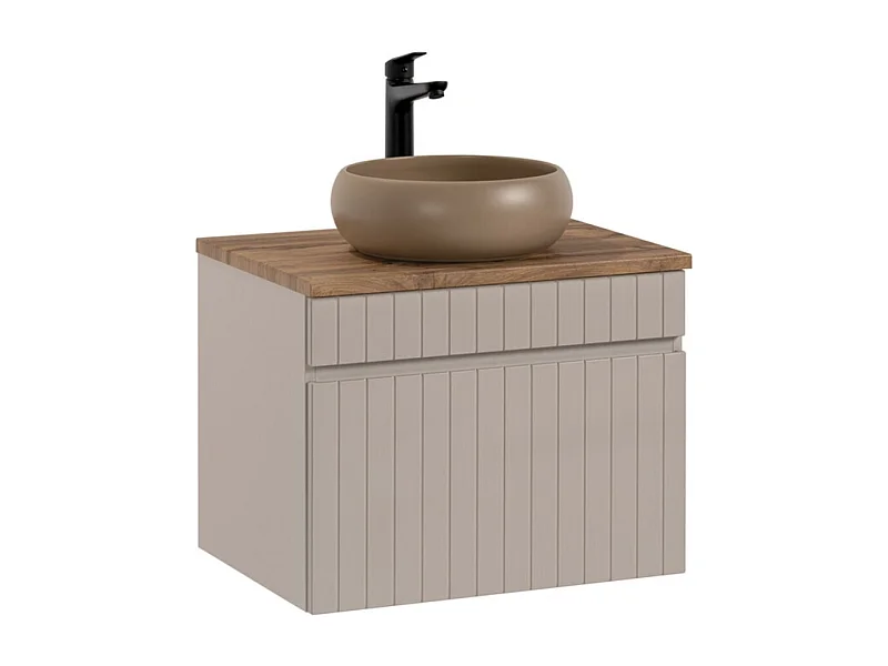 Ensemble ICON : meuble sous vasque 60cm cachemire + plan pour vasque aspect bois + vasque à poser ronde