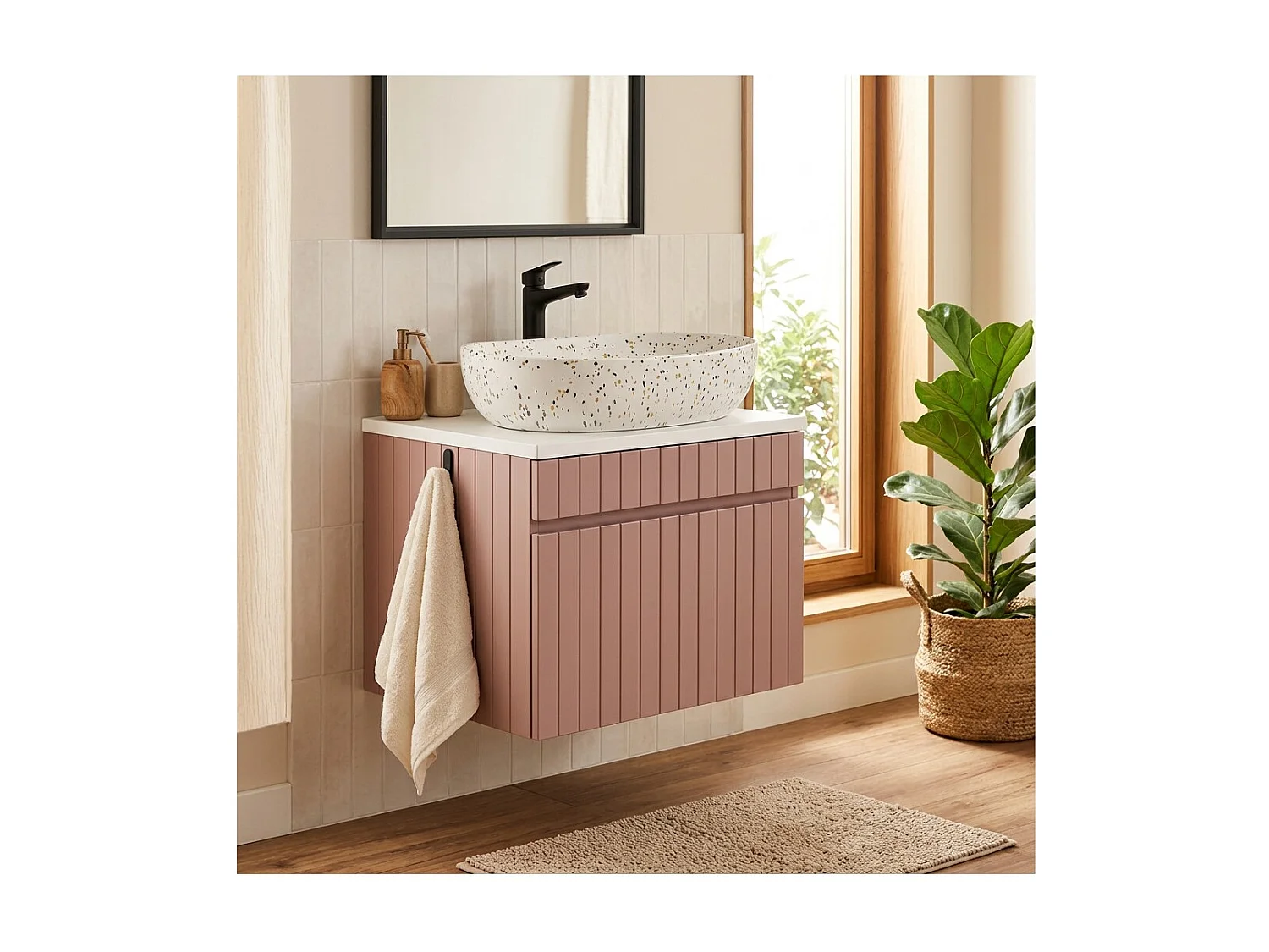 Ensemble ICON : meuble sous vasque 60cm rose poudré + plan pour vasque blanc + vasque à poser mouchetée