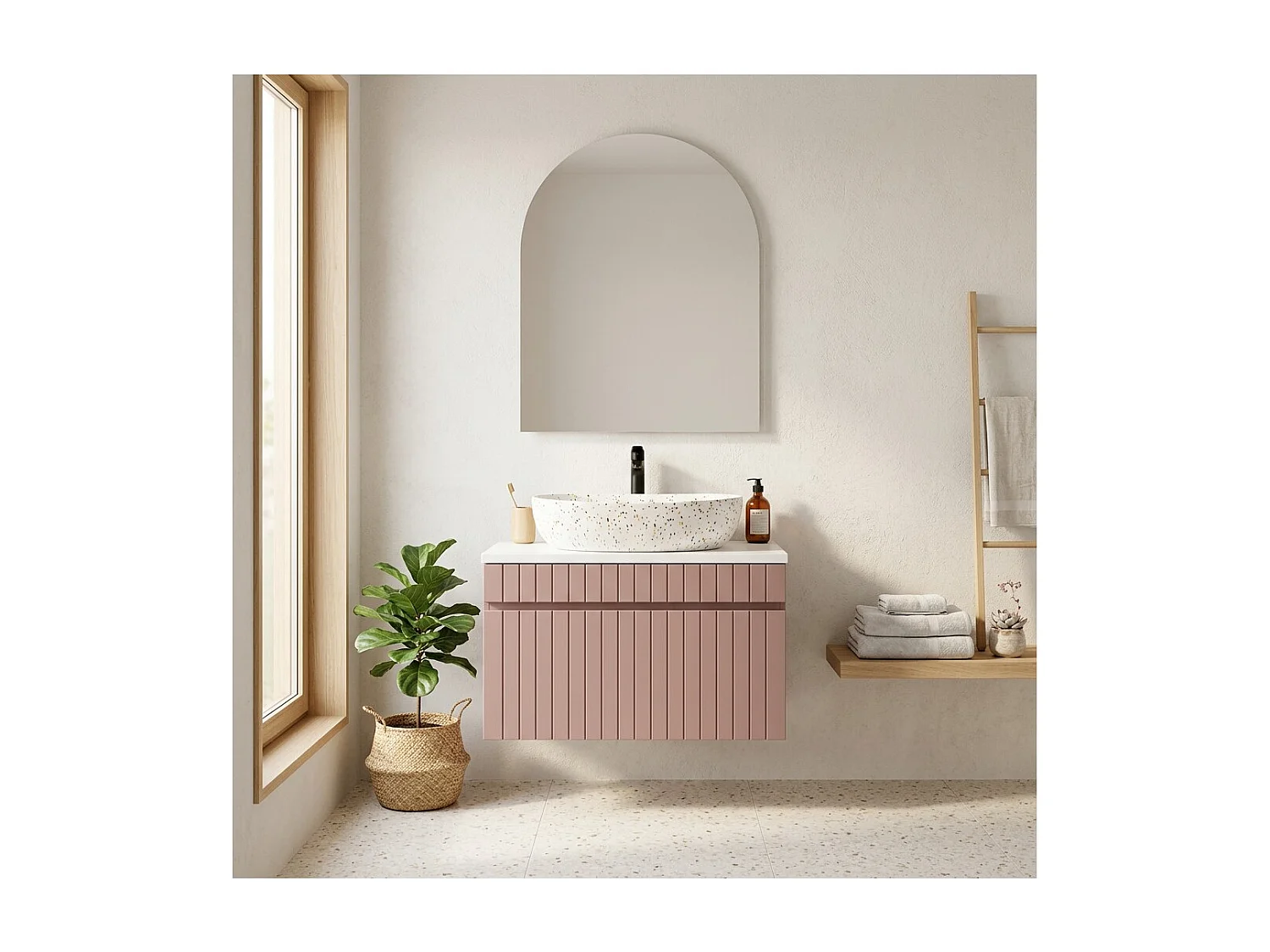 Ensemble de salle de bain ICON : meuble sous vasque 80cm rose poudré + plan pour vasque blanc