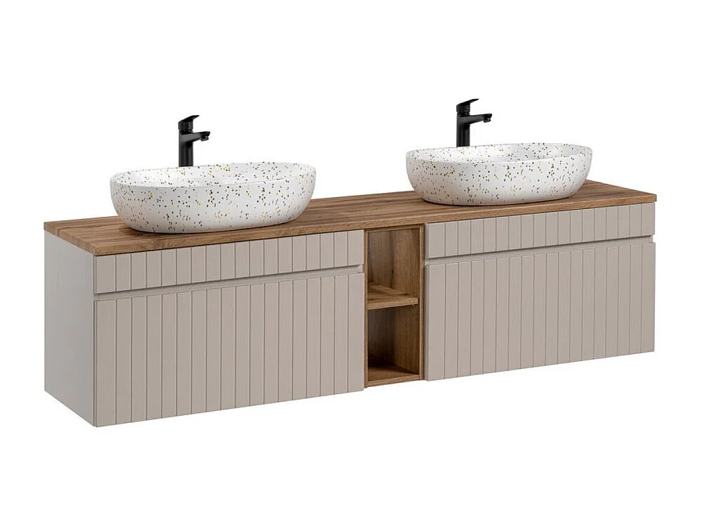 Ensemble ICON : meuble sous vasque 180cm avec niches visibles + 2 vasques à poser ovales mouchetées multicolores
