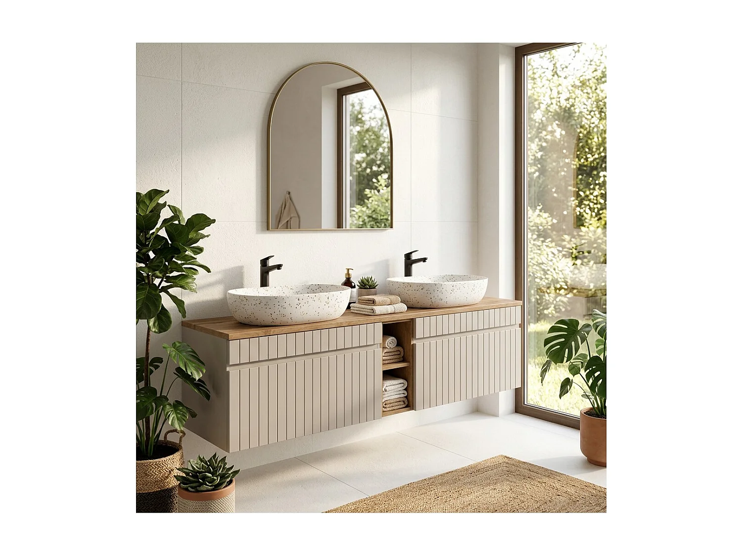 Ensemble ICON : meuble sous vasque 180cm avec niches visibles + 2 vasques à poser ovales mouchetées multicolores