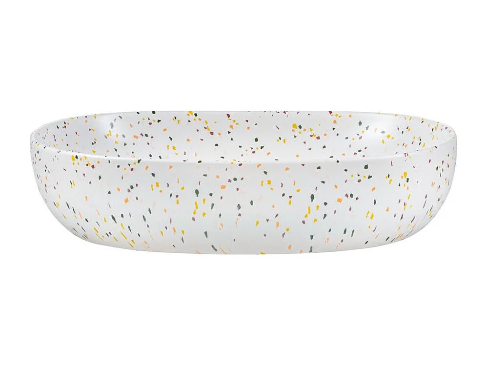 Ensemble ICON : meuble sous vasque 180cm avec niches visibles + 2 vasques à poser ovales mouchetées multicolores