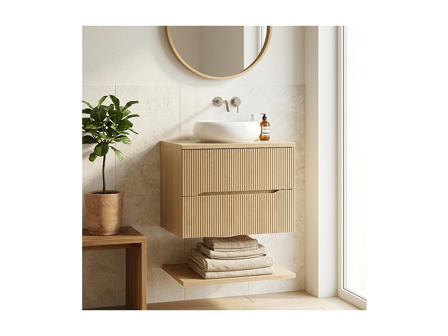 Ensemble de salle de bain suspendu NATURA 60cm : meuble sous vasque + plan pour vasque + vasque à poser ronde blanche