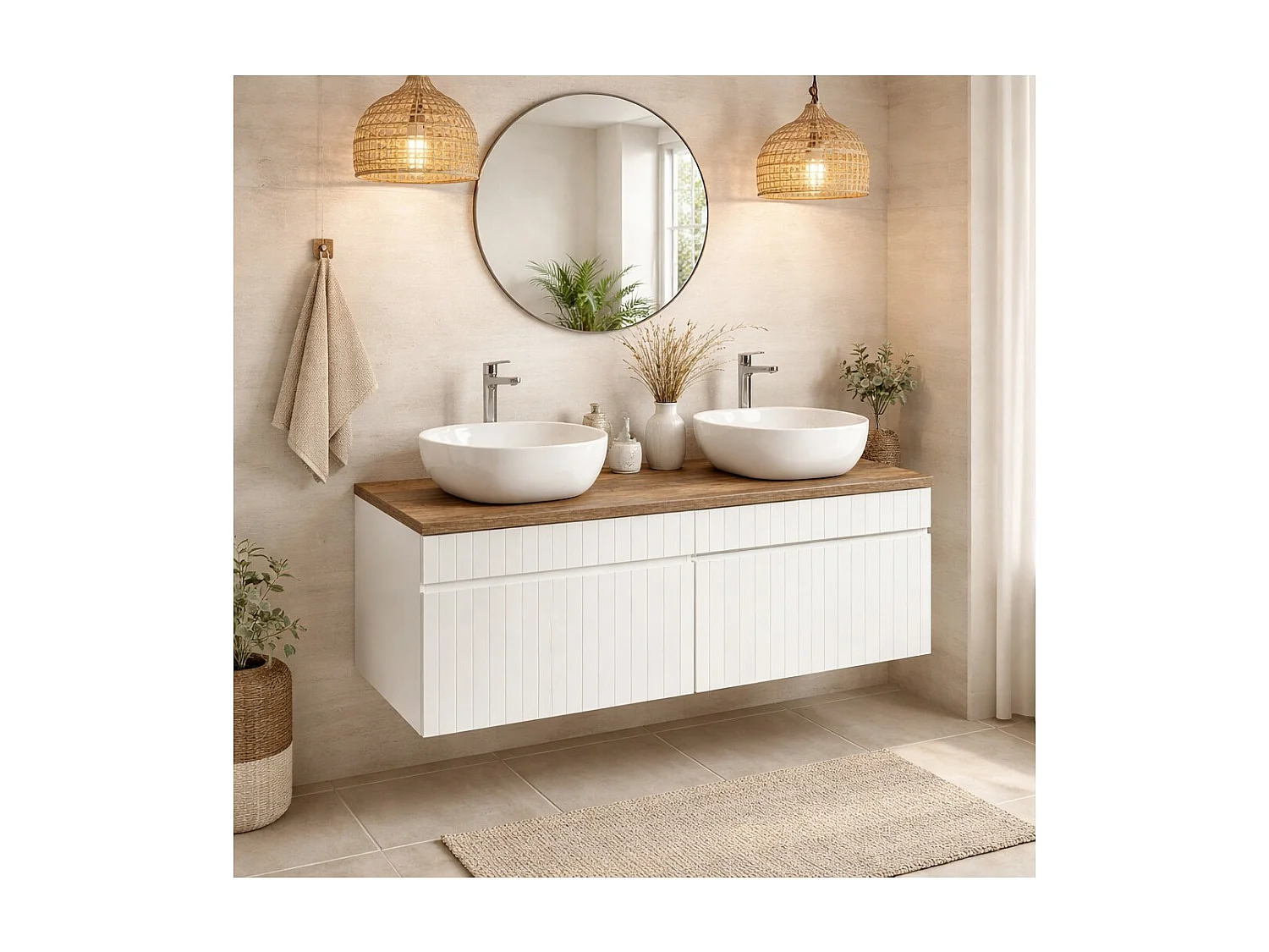 Ensemble ICON blanc : meubles sous vasque 160cm + plan pour vasque aspect bois foncé