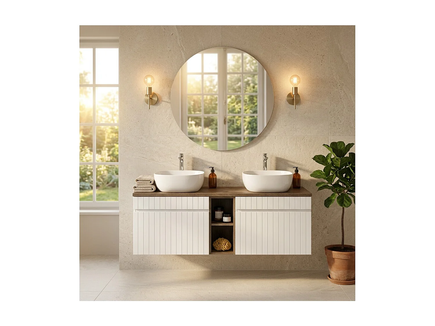 Ensemble ICON blanc : meubles sous vasque 180cm avec niches visibles + plan pour vasque + deux vasques à poser blanches