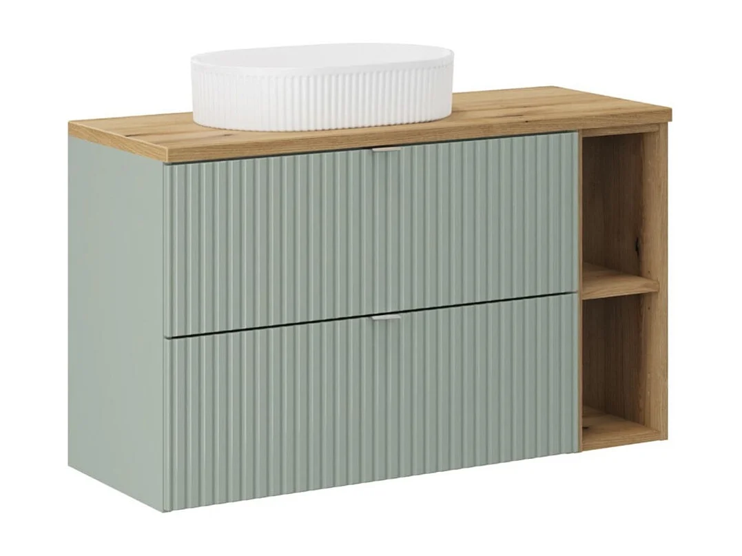 Ensemble ELVINA 100cm : meubles sous vasque à tiroirs avec niches visibles + plan pour vasque + vasque à poser rainurée