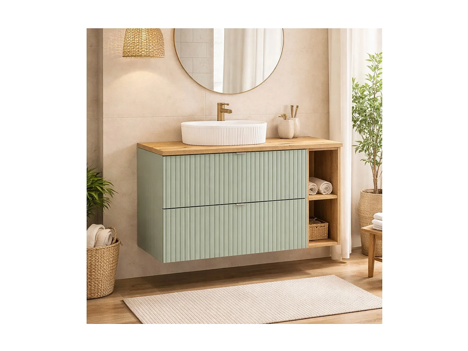 Ensemble ELVINA 100cm : meubles sous vasque à tiroirs avec niches visibles + plan pour vasque + vasque à poser rainurée