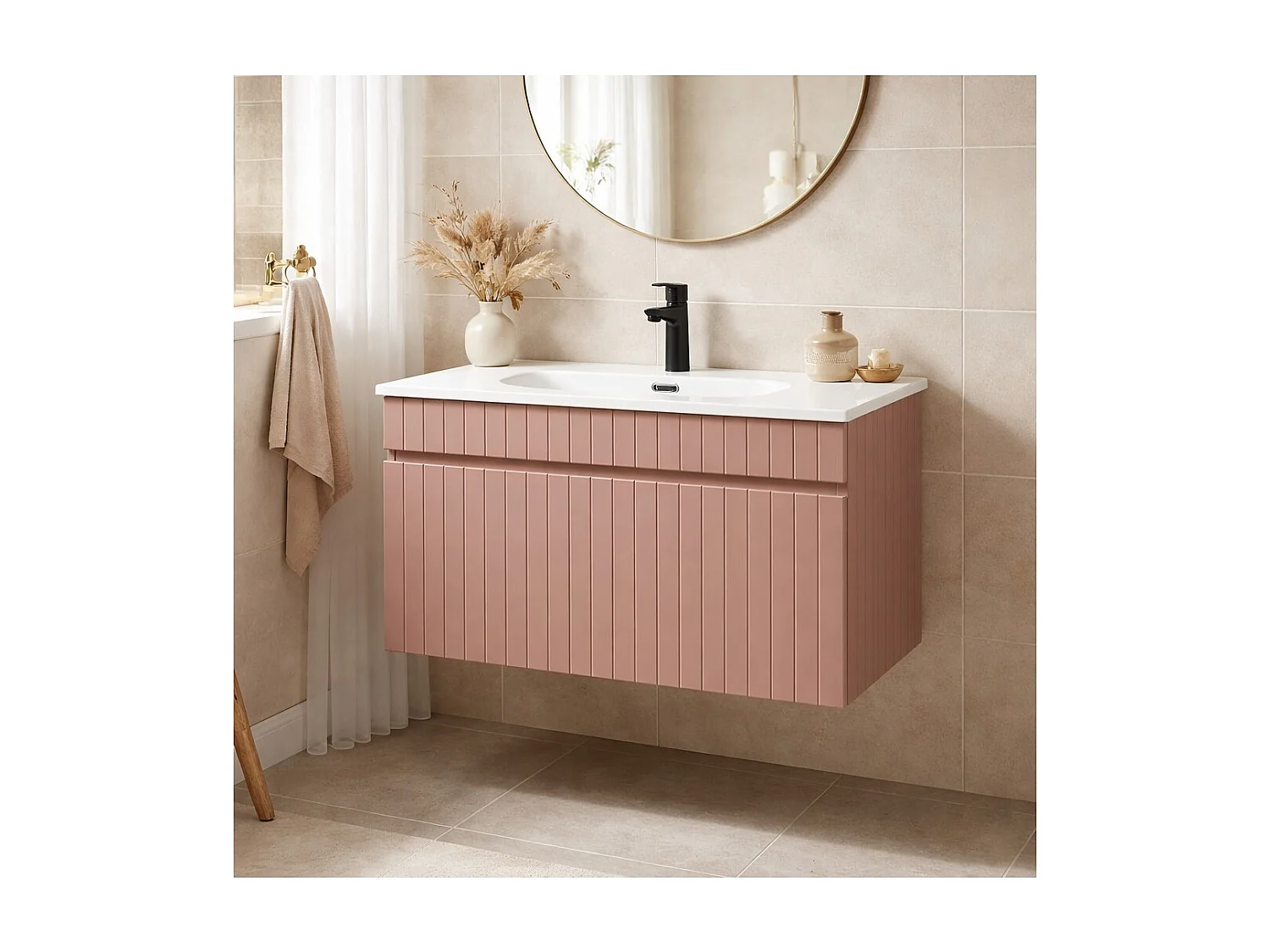 Ensemble de salle de bain ICON : meuble sous vasque 80cm rose poudré + vasque à encastrer blanche