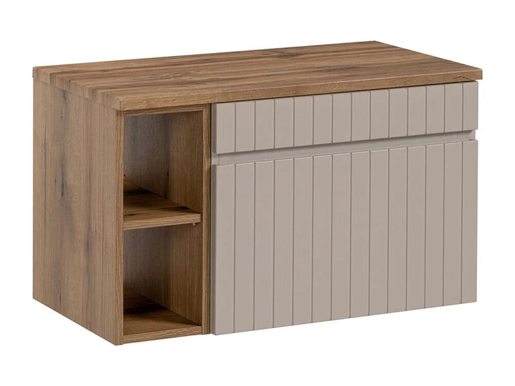 Ensemble de salle de bain ICON : meuble sous vasque 60cm cachemire avec niches visibles + plan pour vasque aspect bois