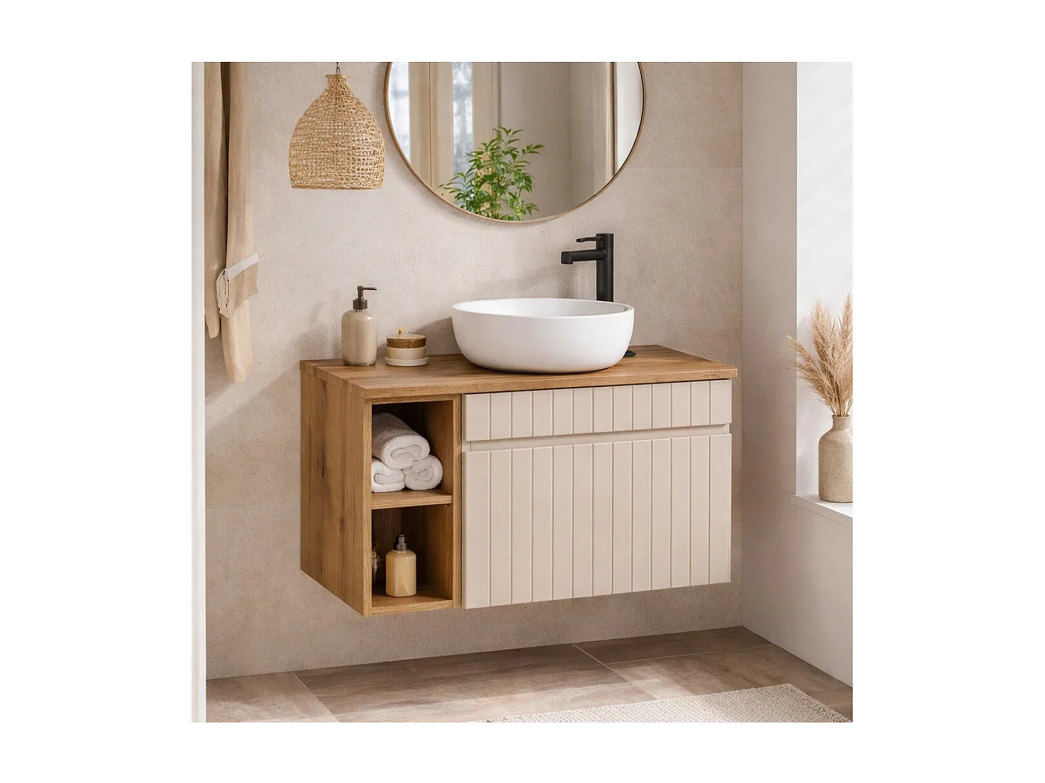Ensemble de salle de bain ICON : meuble sous vasque 60cm cachemire avec niches visibles + plan pour vasque aspect bois