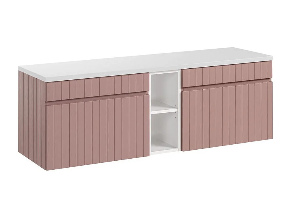 Ensemble ICON : meubles sous vasque 140cm rose poudré avec niches visibles blanches + plan pour vasque blanc