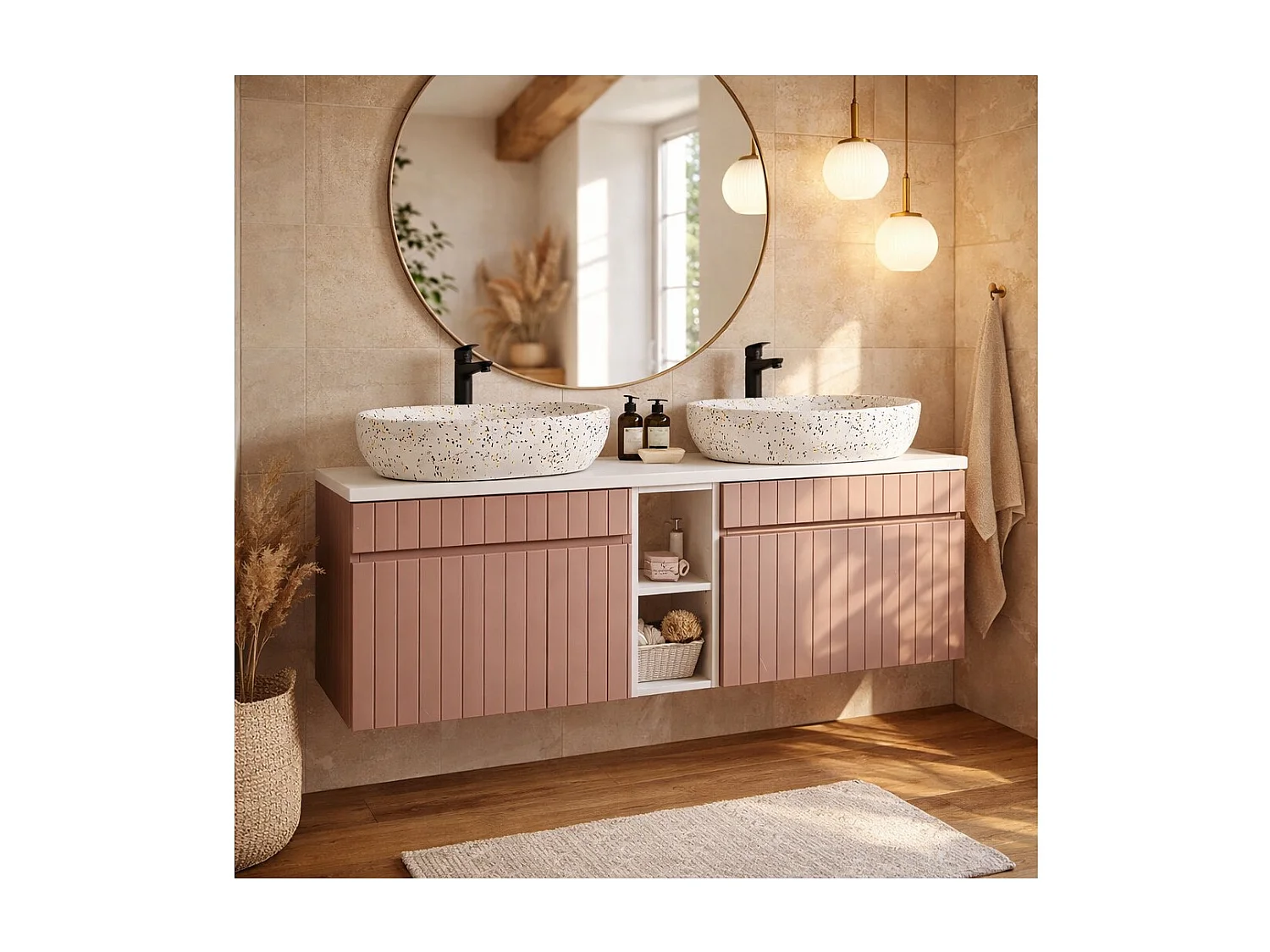 Ensemble ICON : meubles sous vasque 140cm rose poudré avec niches visibles blanches + plan pour vasque blanc