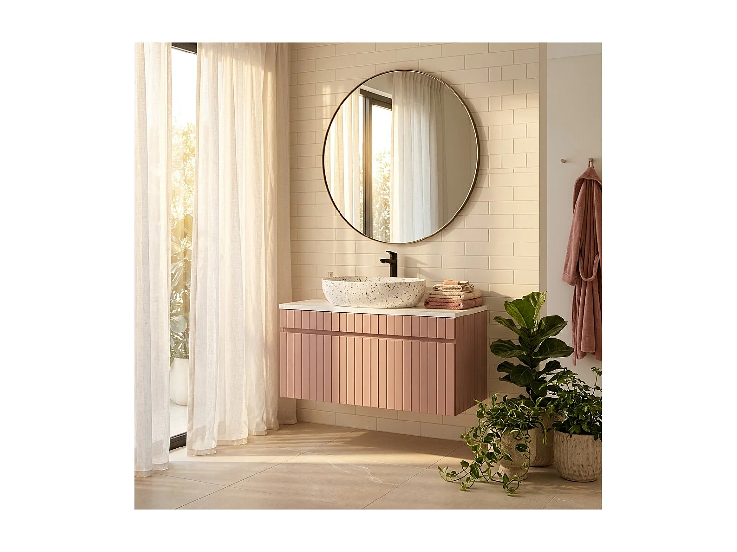 Ensemble de salle de bain ICON : meuble sous vasque 100cm rose poudré + plan pour vasque blanc