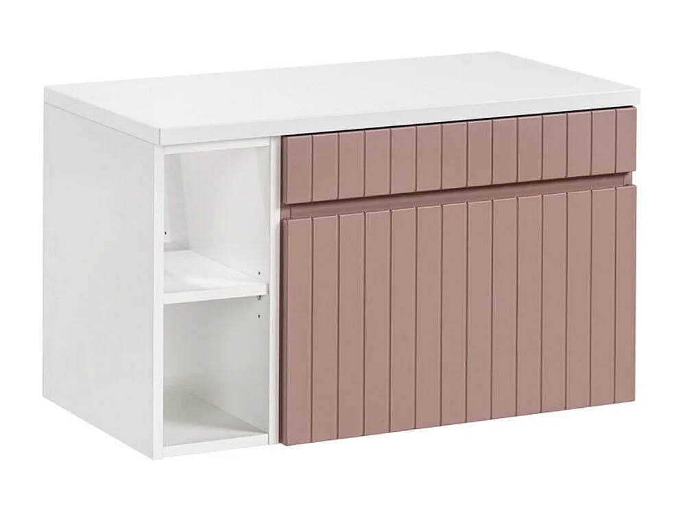 Ensemble ICON : meubles sous vasque 80cm rose poudré avec niches visibles blanches + plan pour vasque blanc