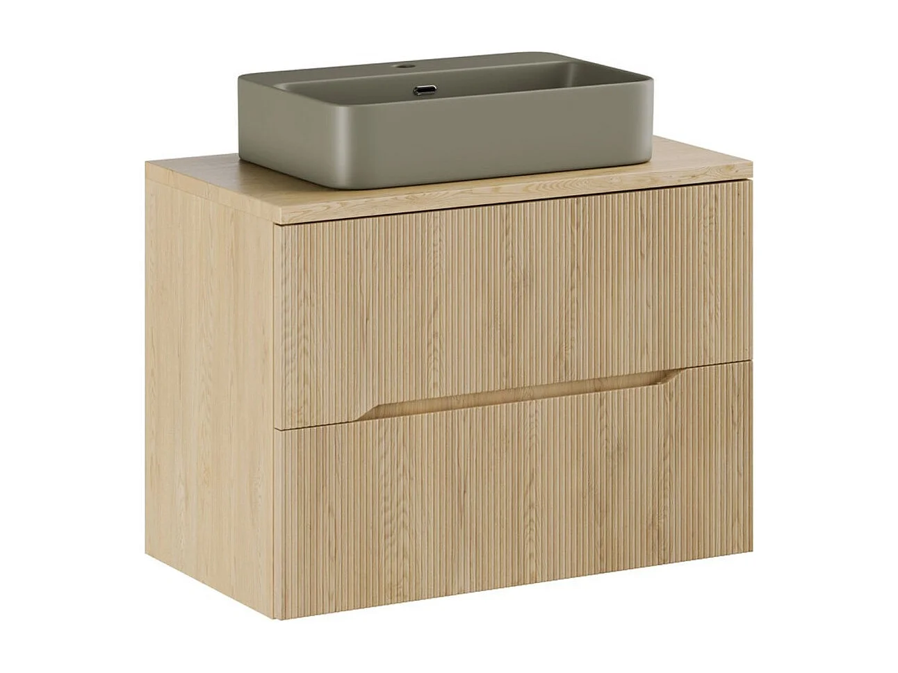 Ensemble de salle de bain NATURA 80cm : meuble sous vasque + plan pour vasque + vasque à poser rectangulaire verte kaki