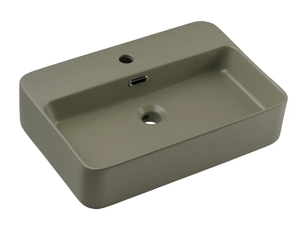 Ensemble de salle de bain NATURA 80cm : meuble sous vasque + plan pour vasque + vasque à poser rectangulaire verte kaki