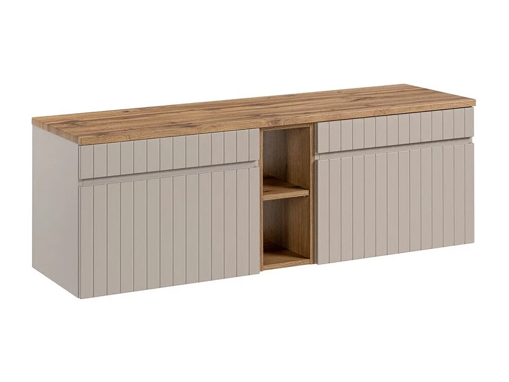 Ensemble ICON : meuble sous vasque 140cm cachemire avec niches visibles aspect bois + plan pour vasque aspect bois