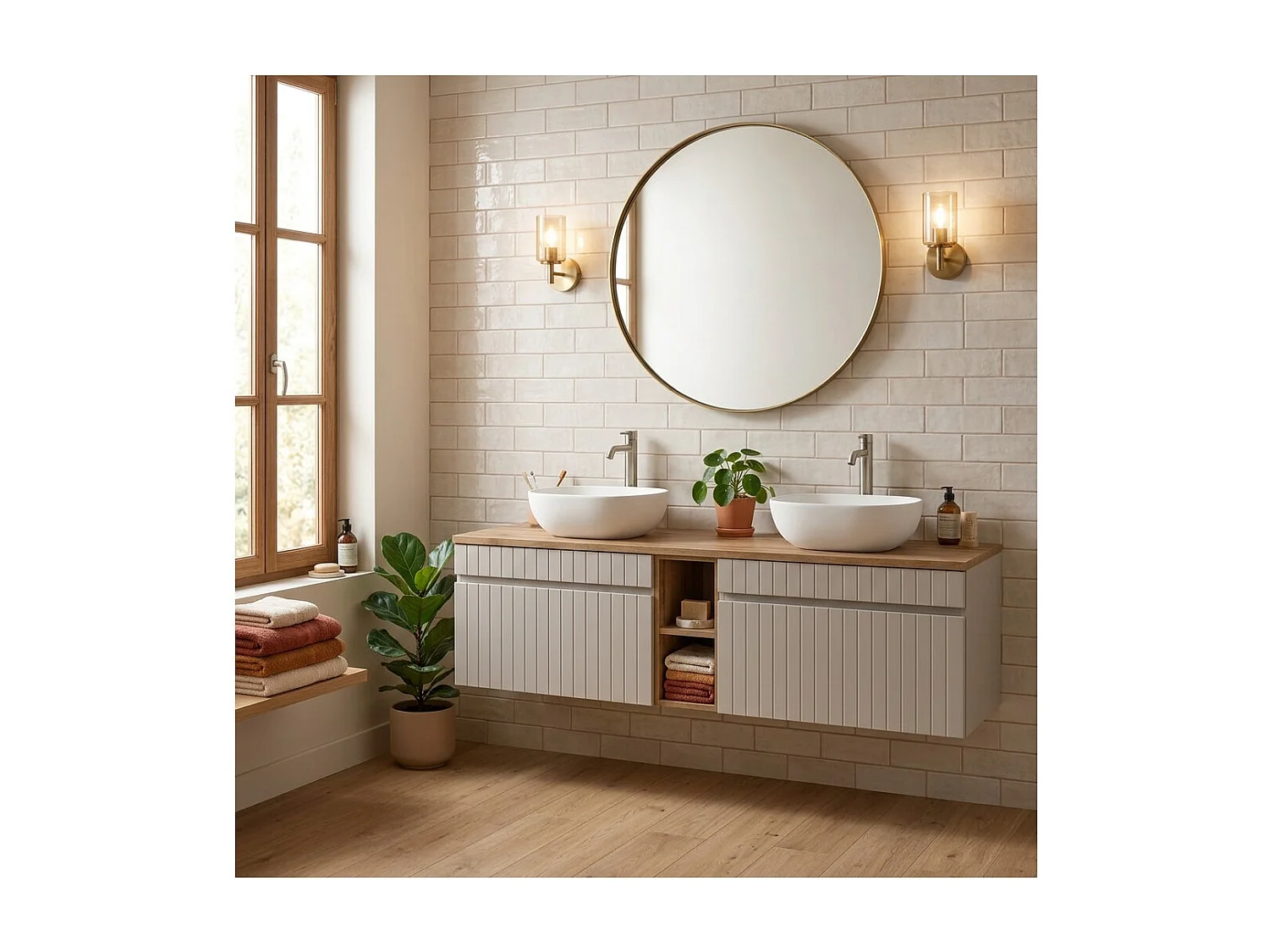 Ensemble ICON : meuble sous vasque 140cm cachemire avec niches visibles aspect bois + plan pour vasque aspect bois