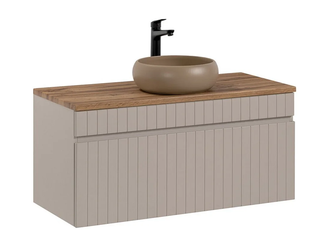 Ensemble ICON : meuble sous vasque 100cm cachemire + plan pour vasque aspect bois + vasque ronde à poser