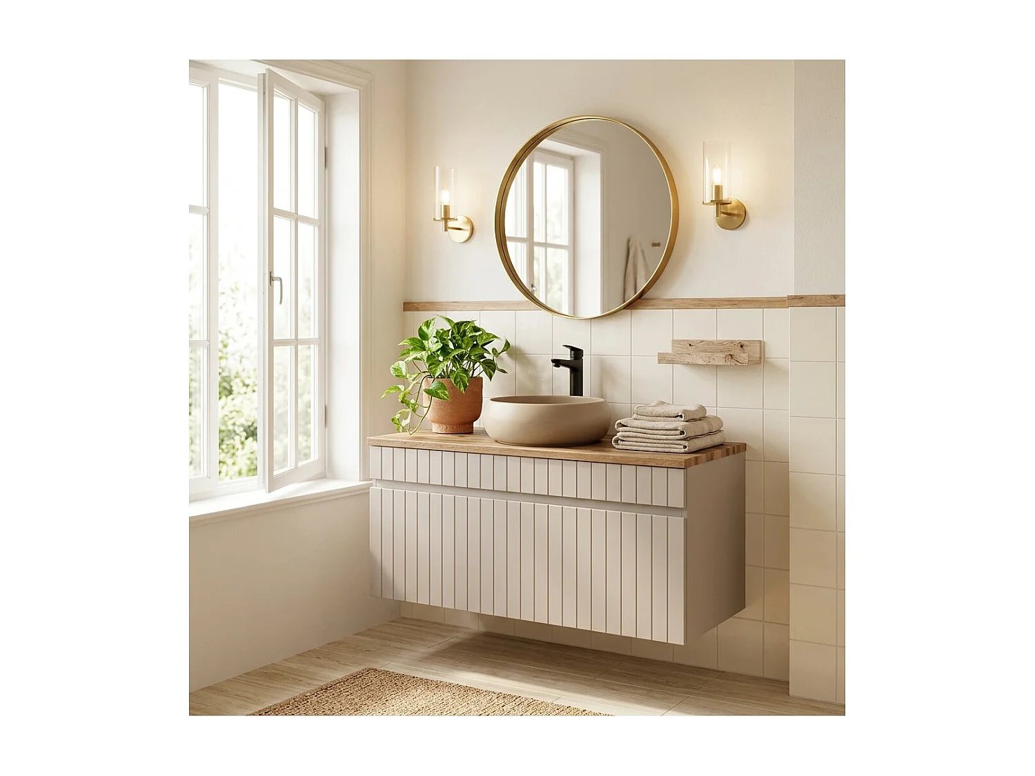 Ensemble de salle de bain ICON : meuble sous vasque 100cm cachemire + plan pour vasque aspect bois