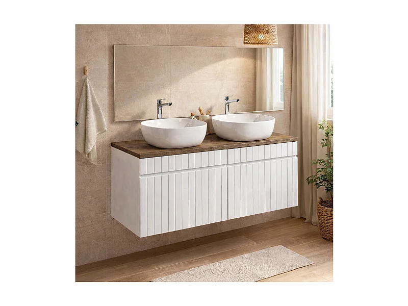 Ensemble ICON blanc : meubles sous vasque 120cm + plan pour vasque aspect bois foncé