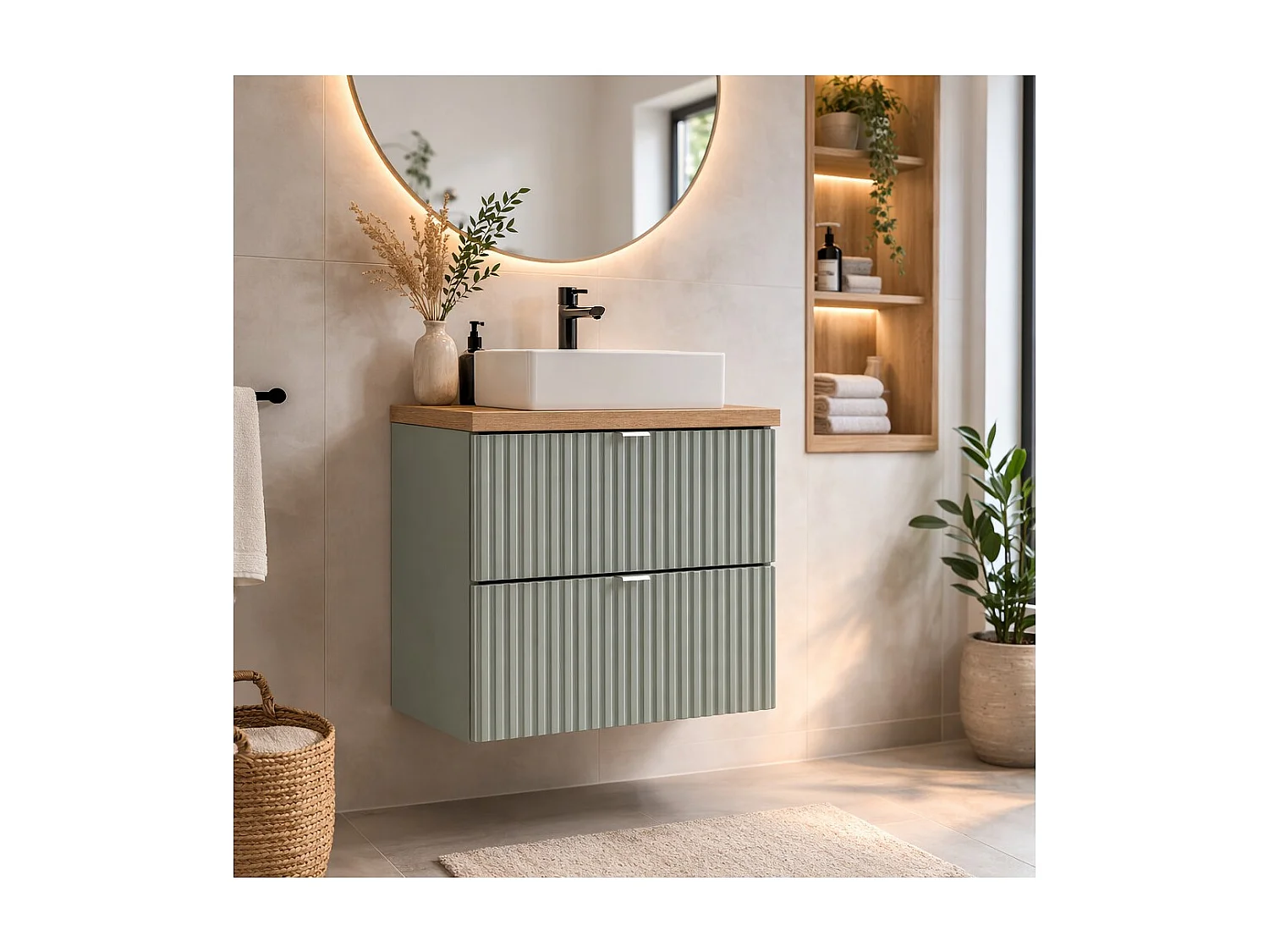 Ensemble ELVINA 50cm : meuble sous vasque à tiroirs vert sauge gris + plan pour vasque aspect bois foncé