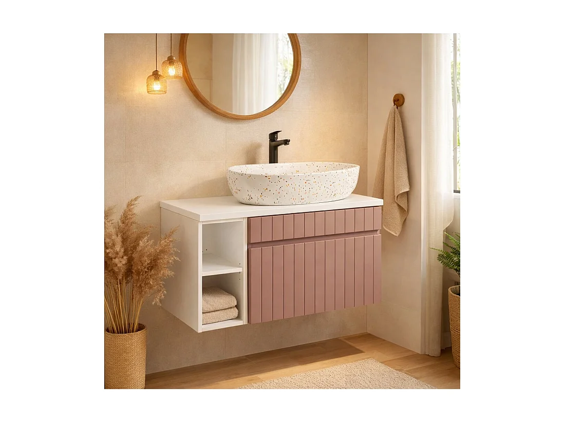 Ensemble de salle de bain ICON : meubles sous vasque 80cm rose poudré avec niches visibles blanches