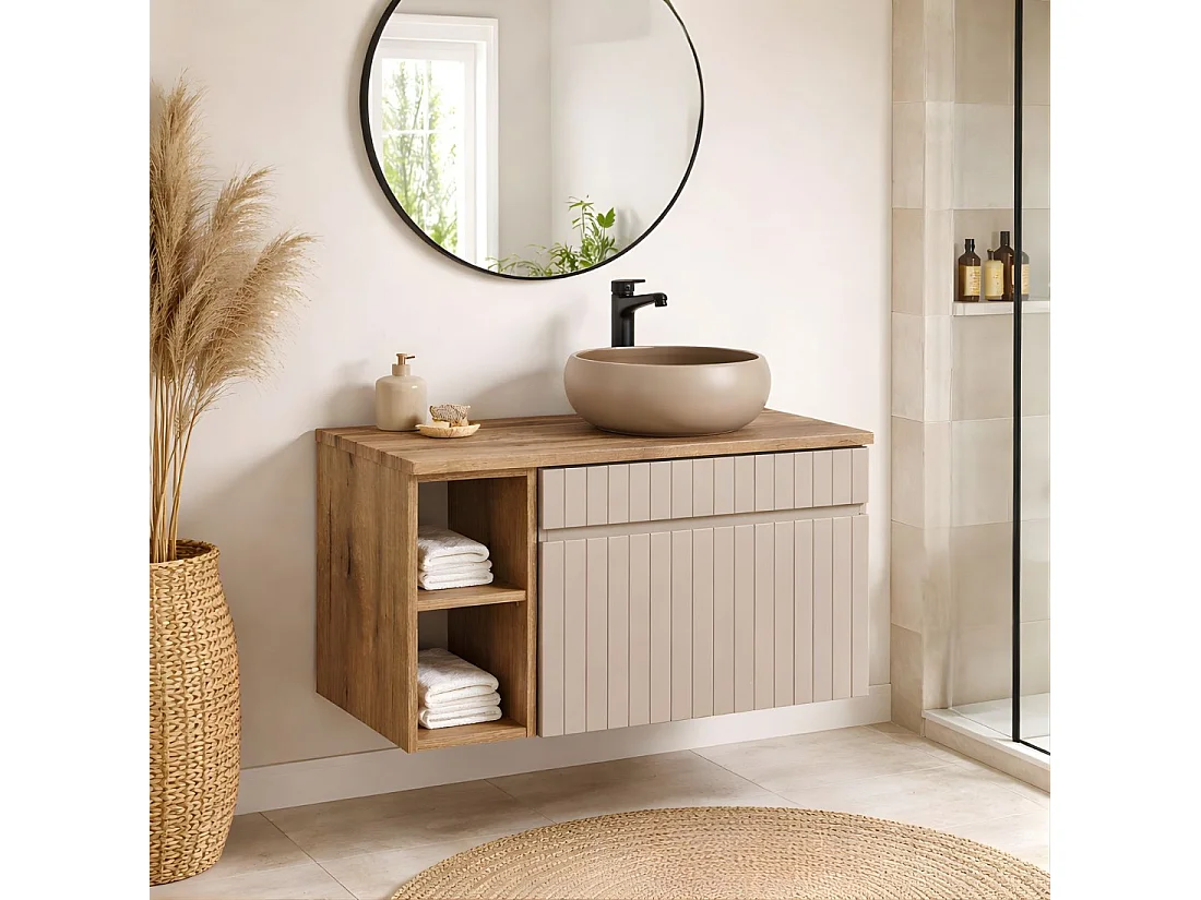 Ensemble ICON : meuble sous vasque 60cm cachemire avec niches visibles + plan pour vasque aspect bois + vasque à poser ronde