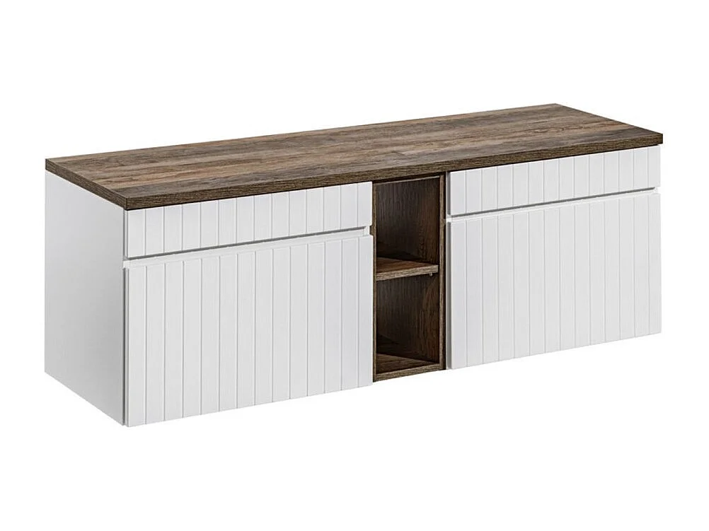 Ensemble ICON blanc : meubles sous vasque 140cm avec niches visibles + plan pour vasque aspect bois foncé