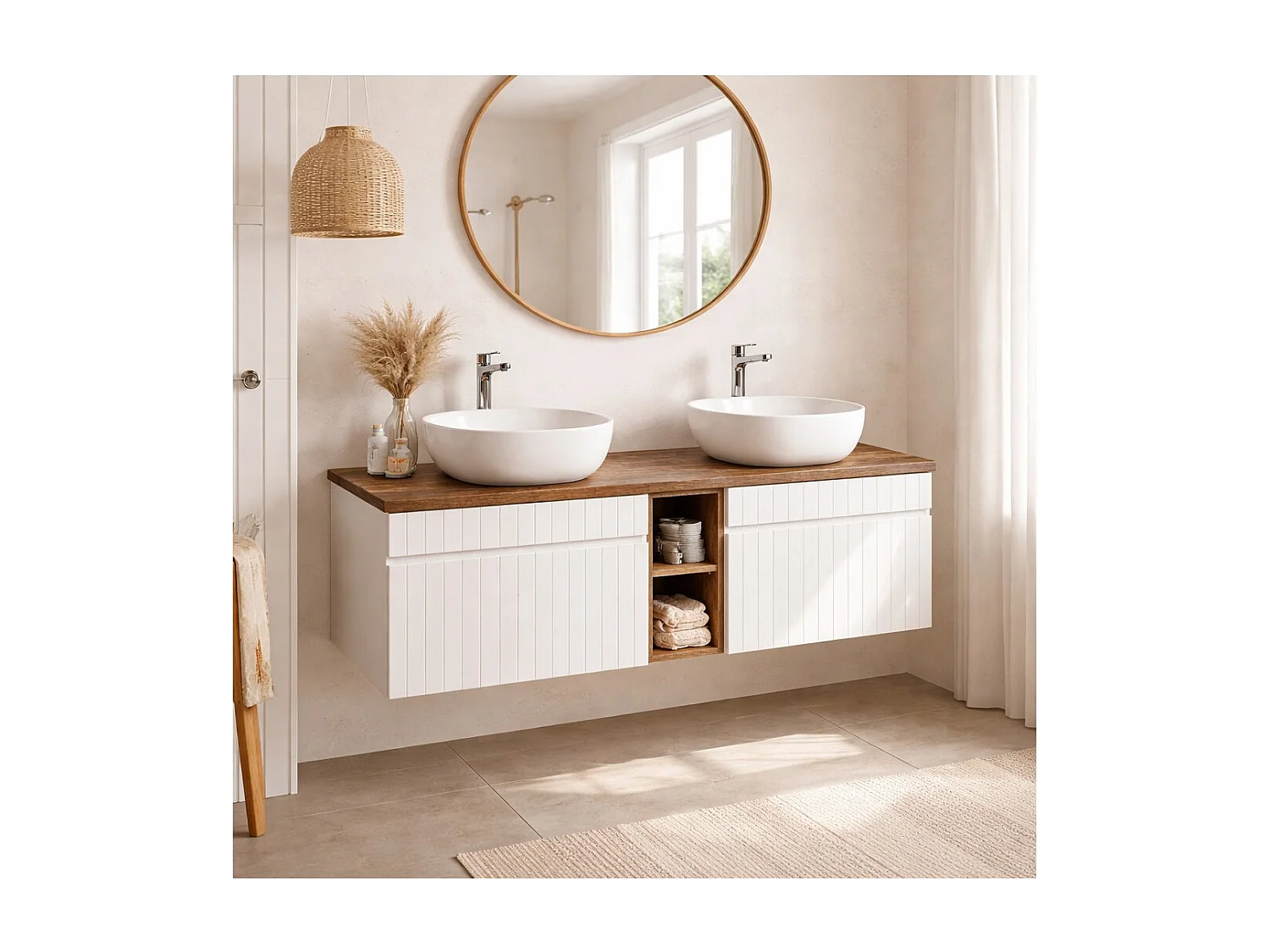 Ensemble ICON blanc : meubles sous vasque 140cm avec niches visibles + plan pour vasque aspect bois foncé