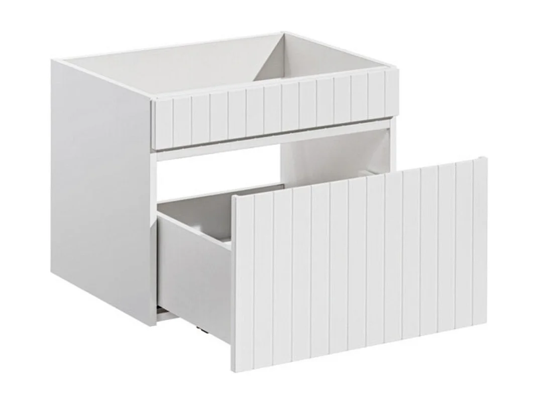 Ensemble ICON blanc : meubles sous vasque 140cm avec niches visibles + plan pour vasque aspect bois foncé