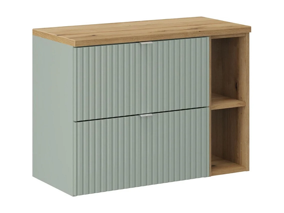 Ensemble ELVINA 80cm : meuble sous vasque à tiroirs vert avec niches visibles + plan pour vasque aspect bois foncé