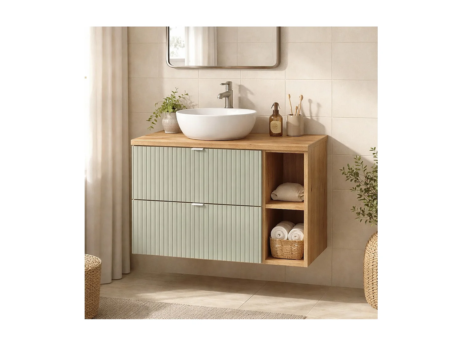 Ensemble ELVINA 80cm : meuble sous vasque à tiroirs vert avec niches visibles + plan pour vasque aspect bois foncé