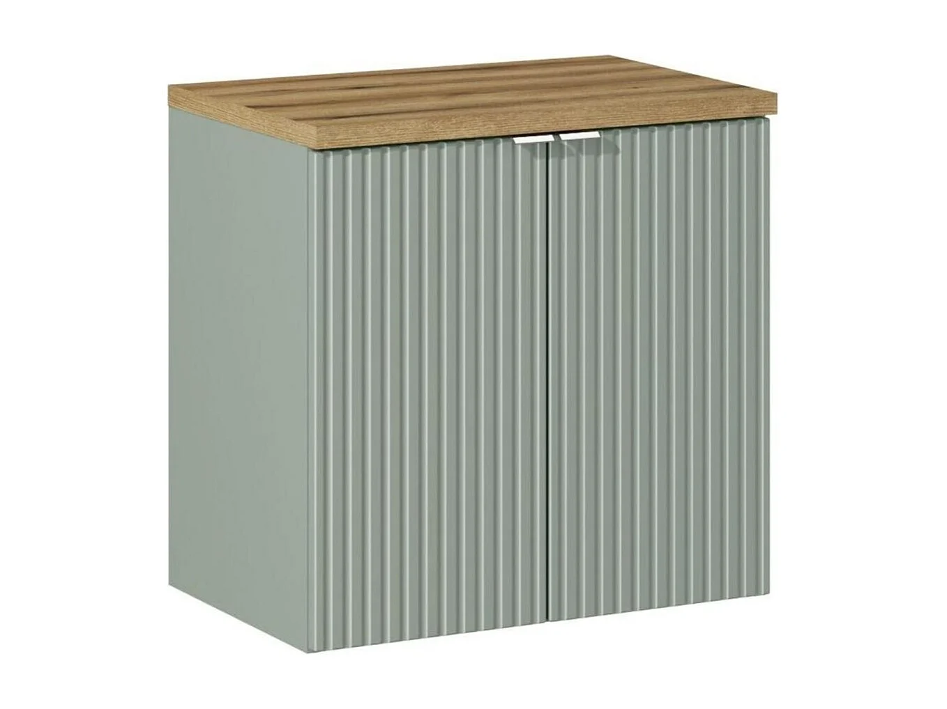 Ensemble de salle de bain ELVINA 60cm : meuble sous vasque à placards vert sauge gris + plan pour vasque aspect bois foncé