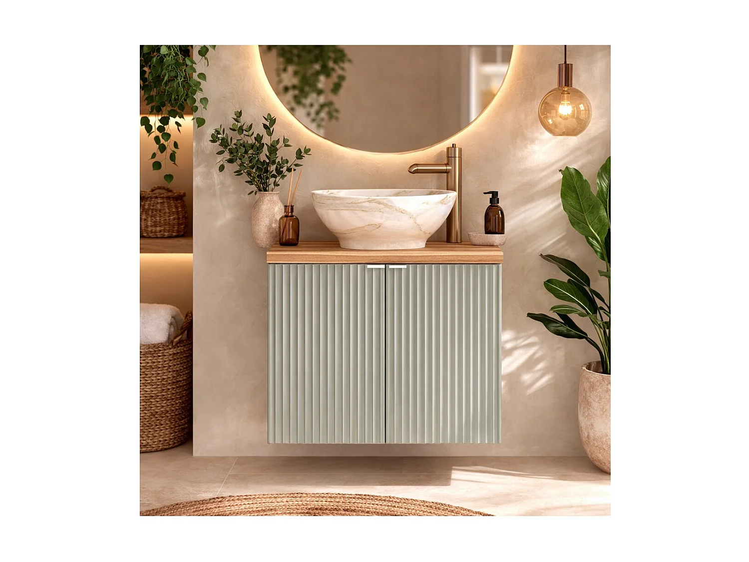 Ensemble de salle de bain ELVINA 60cm : meuble sous vasque à placards vert sauge gris + plan pour vasque aspect bois foncé