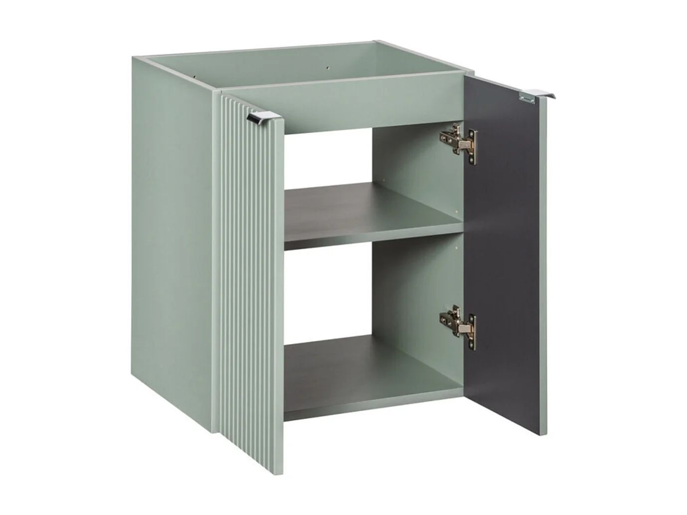 Ensemble de salle de bain ELVINA 60cm : meuble sous vasque à placards vert sauge gris + plan pour vasque aspect bois foncé