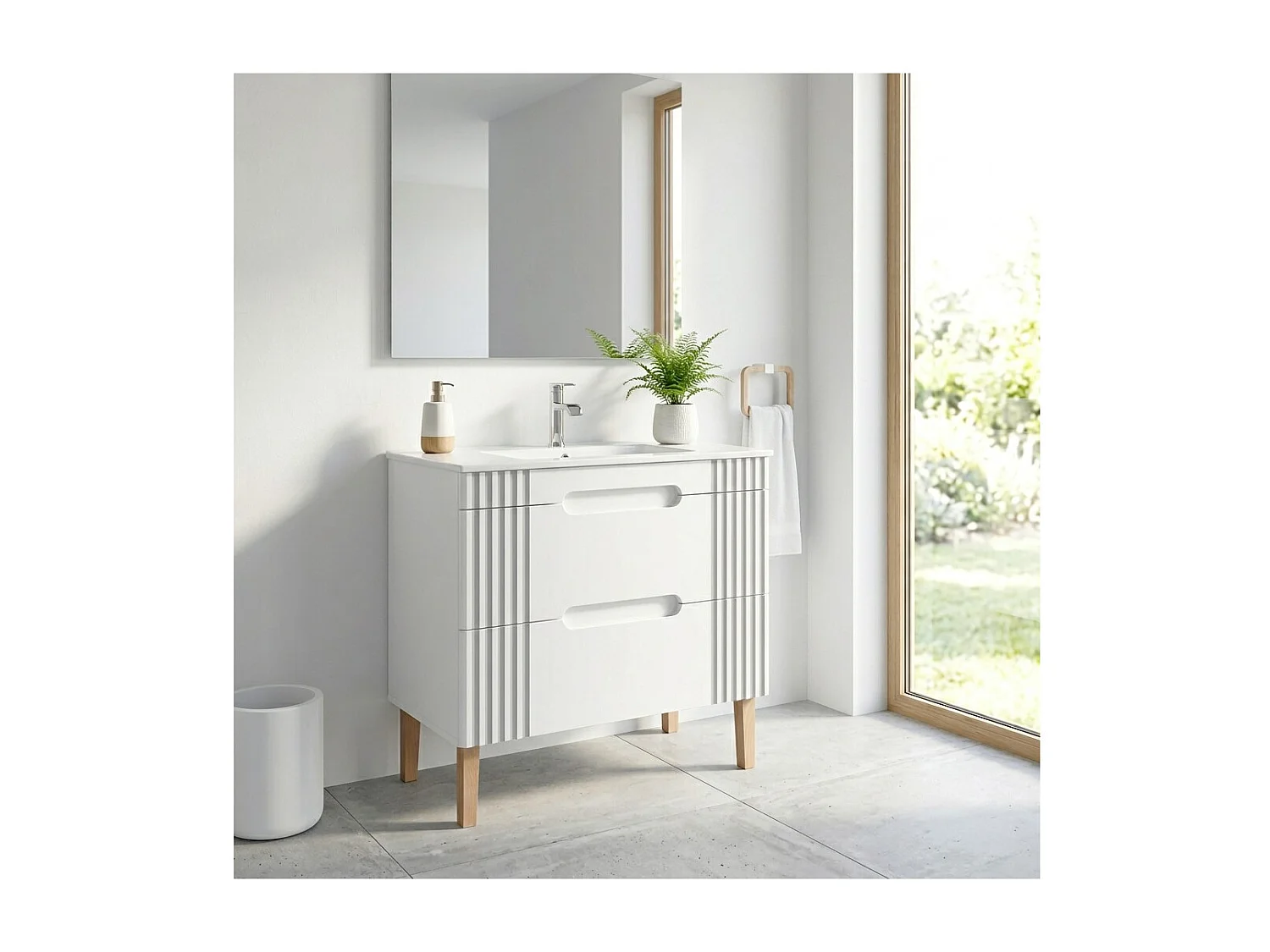 Ensemble de salle de bain FIDJI : meuble sous vasque 80cm + vasque à encastrer blanche + siphon + pieds