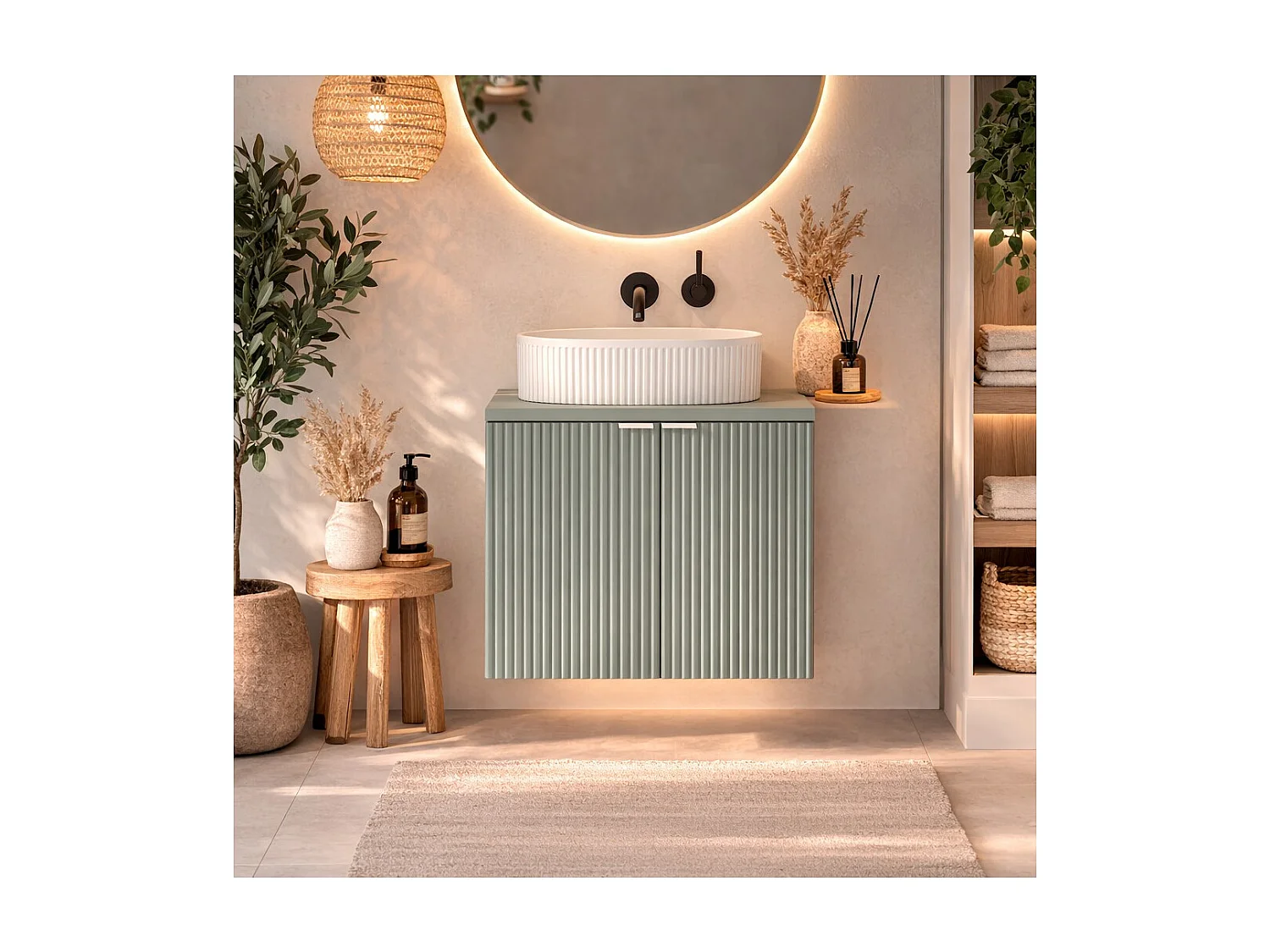 Ensemble de salle de bain suspendu ELVINA 60cm : meuble sous vasque à placards + plan pour vasque vert sauge gris