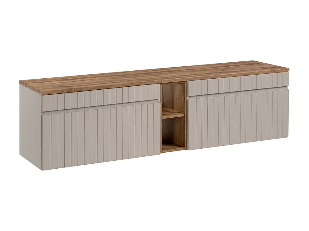 Ensemble ICON : meuble sous vasque 180cm coloris cachemire avec niches visibles aspect bois + plan pour vasque aspect bois