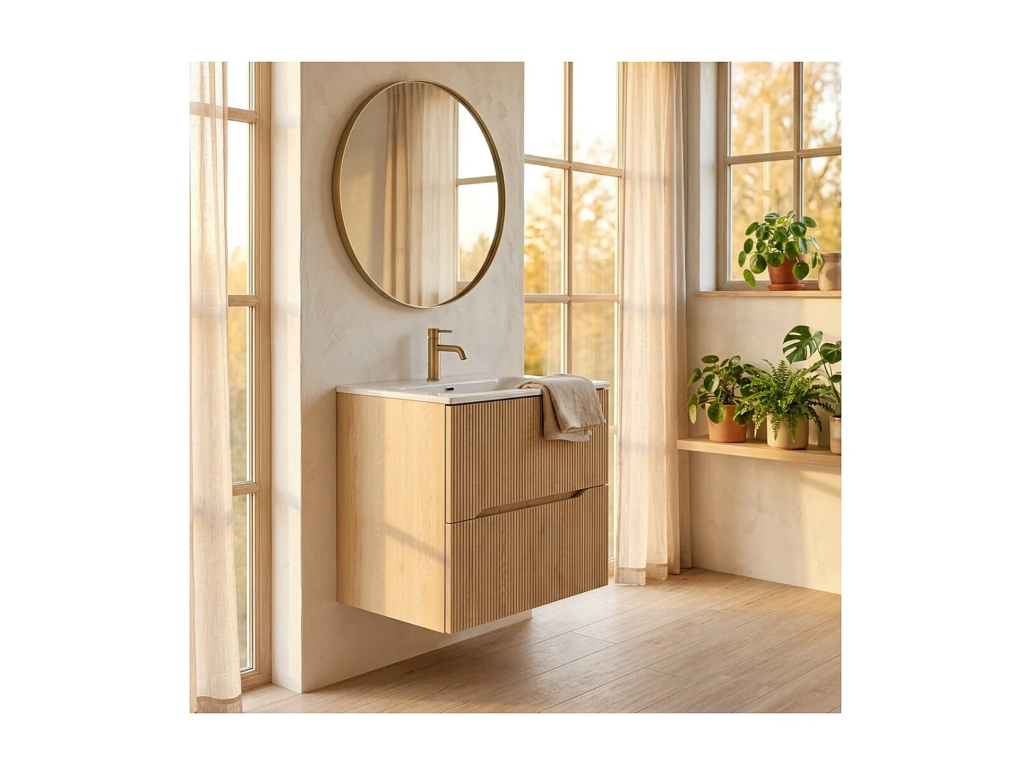 Ensemble de salle de bain NATURA 60cm : meuble sous vasque aspect bois clair rainuré verticalement + vasque encastrée
