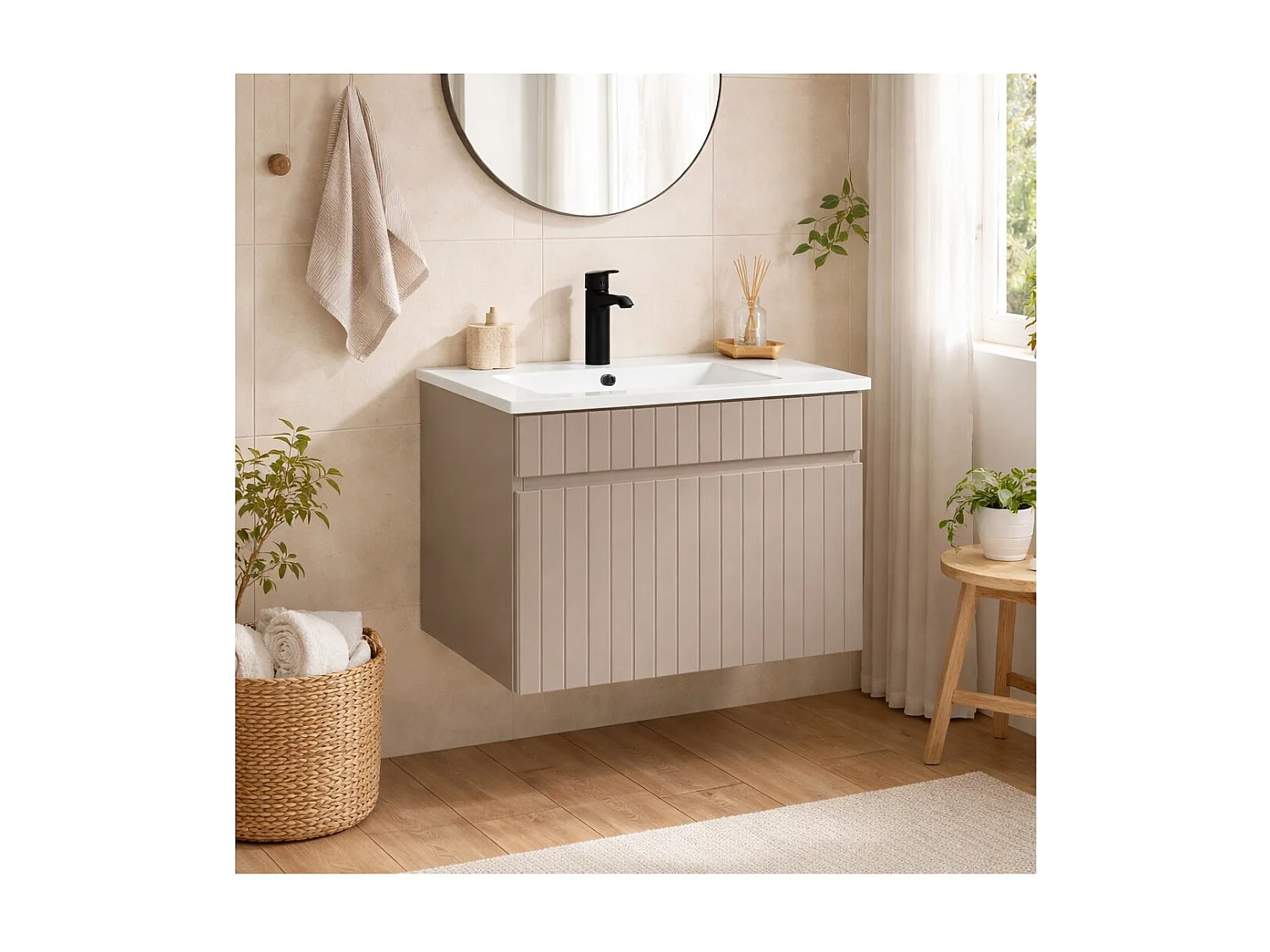 Ensemble de salle de bain ICON : meuble sous vasque 60cm cachemire + vasque encastrée blanche