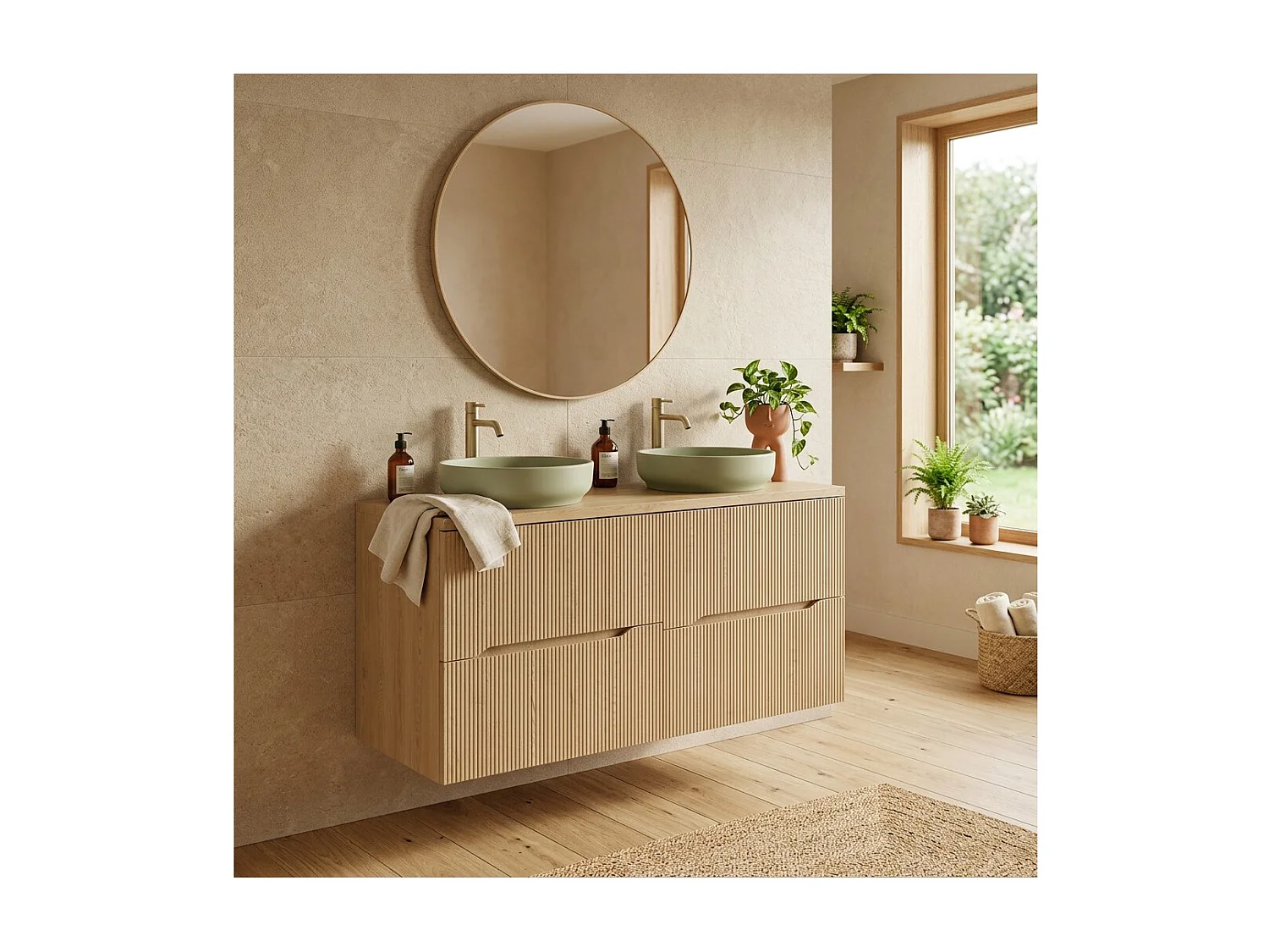 Ensemble de salle de bain suspendu NATURA 120cm : meubles sous vasque 60cm + plan pour vasque