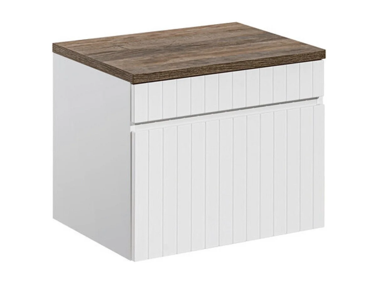 Ensemble ICON blanc : meuble sous vasque 60cm + plan pour vasque aspect bois foncé