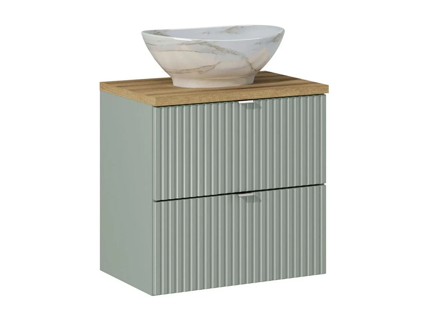 Ensemble ELVINA 60cm : meuble sous vasque à tiroirs vert sauge gris + plan pour vasque aspect bois foncé + vasque à poser marbré