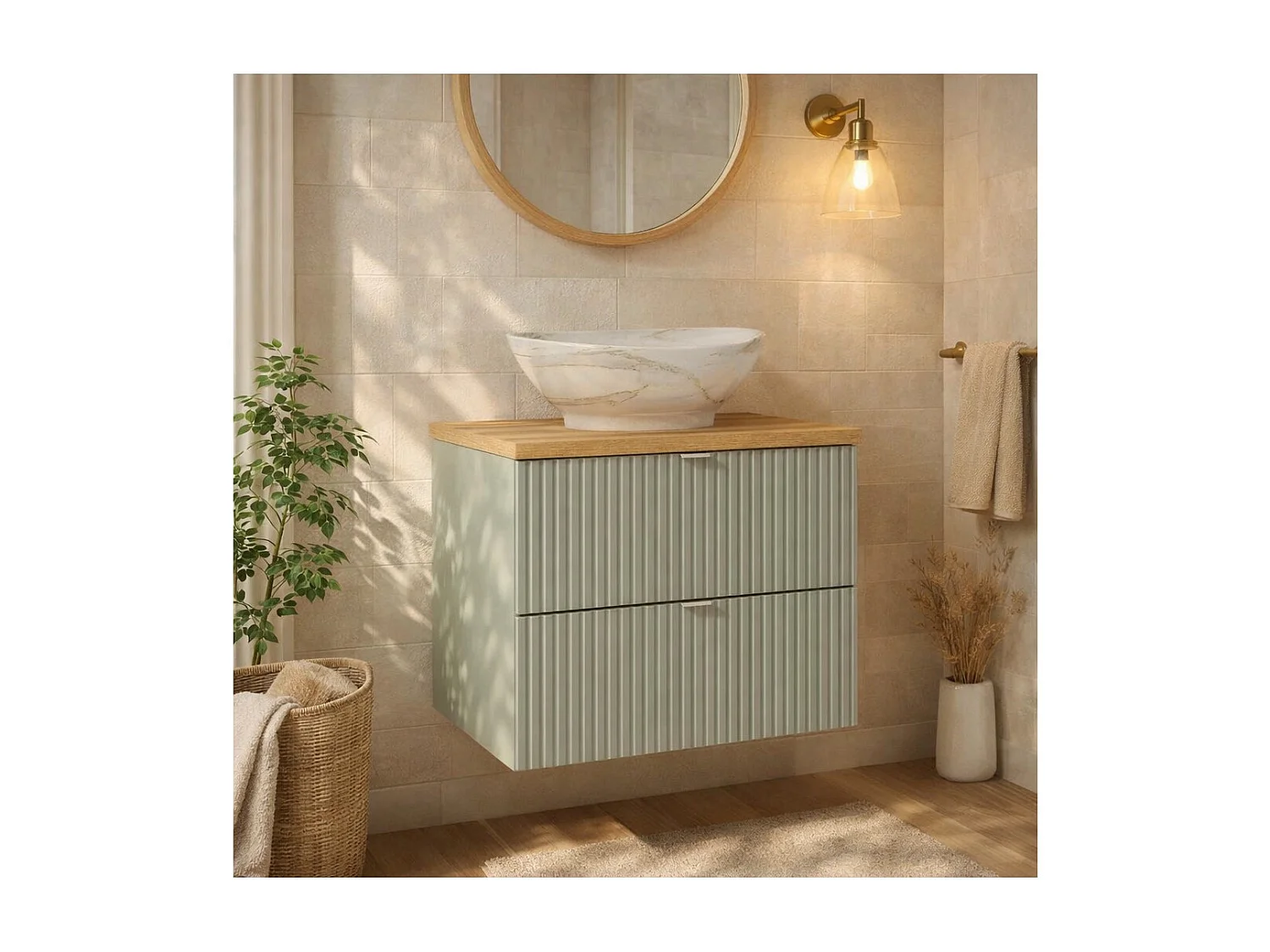 Ensemble ELVINA 60cm : meuble sous vasque à tiroirs vert sauge gris + plan pour vasque aspect bois foncé + vasque à poser marbré