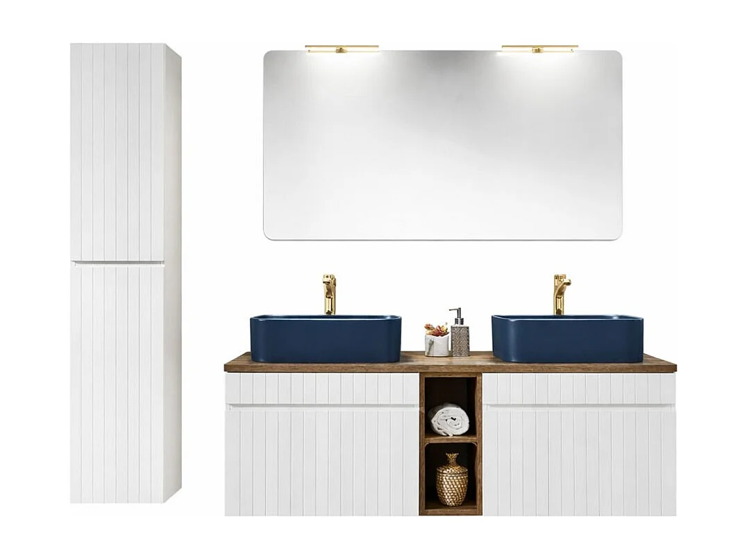 ICON set wit: onderkastmeubels 140cm met zichtbare houten nissen + twee blauwe opzetwaskommen + spiegel + LEDs + kolom