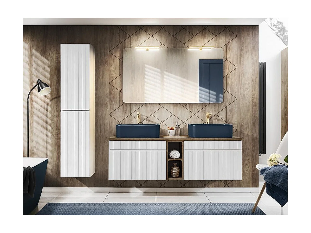 ICON set wit: onderkastmeubels 140cm met zichtbare houten nissen + twee blauwe opzetwaskommen + spiegel + LEDs + kolom