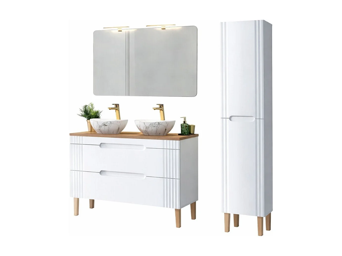 Ensemble FIDJI : meuble sous vasque 120cm + plan pour vasque + pieds + vasques à poser asymétrique + colonne + miroir + LEDs