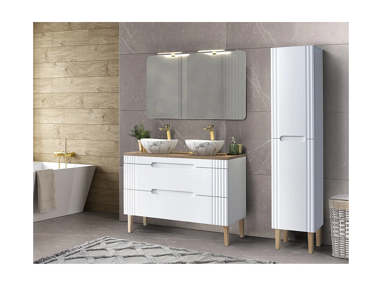 Ensemble FIDJI : meuble sous vasque 120cm + plan pour vasque + pieds + vasques à poser asymétrique + colonne + miroir + LEDs