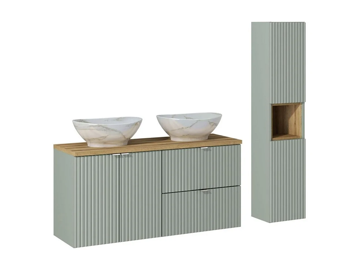 Set ELVINA 150cm: Unterschrankmöbel mit Schubladen und Schränken + Abdeckplatte für Waschbecken + zwei aufgesetzte marmorierte Waschbecken + Säule